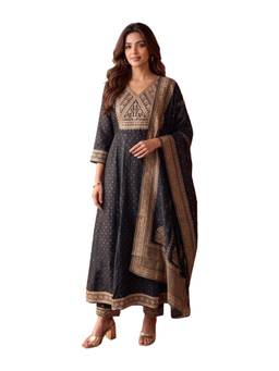 Rangita - Women Black Poly Viscose Embroidered Flared Kurta with Pant and Dupatta