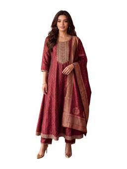 Rangita - Women Maroon Poly Viscose Embroidered Flared Kurta with Pant and Dupatta