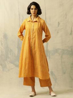 Black & Blah Blah - Yellow Striped Printed A-Line Pure Cotton Co-ord Set