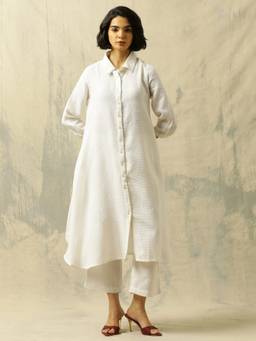 Black & Blah Blah - White Woven Design A-Line Cotton Handloom Co-ord Set