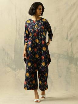 Black & Blah Blah - Navy Blue Floral Printed A-Line Pure Cotton Co-ord Set