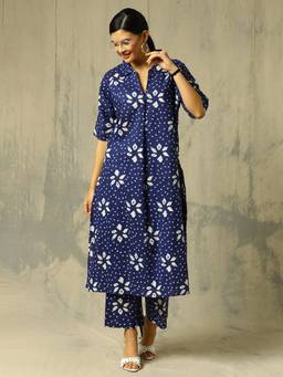 Black & Blah Blah - Navy Blue Floral Printed Straight Pure Cotton Co-ord Set