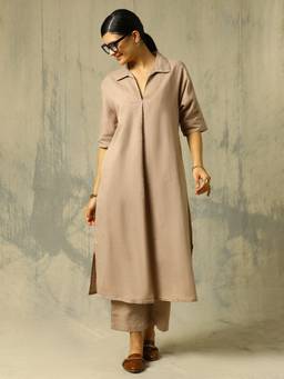 Black & Blah Blah - Beige Solid A-Line Silk Blend Co-ord Set