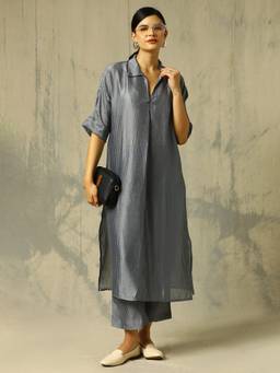 Black & Blah Blah - Grey Striped A-Line Silk Blend Co-ord Set