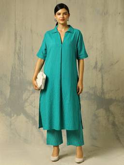 Black & Blah Blah - Teal Striped Embroidered A-Line Pure Cotton Co-ord Set