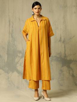 Black & Blah Blah - Yellow Striped Woven Design A-Line Cotton Handloom Co-ord Set