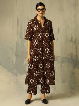 Black & Blah Blah - Brown Floral Printed A-Line Pure Cotton Co-ord Set