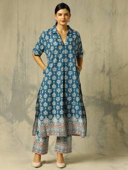 Black & Blah Blah - Blue Floral Printed A-Line Pure Cotton Co-ord Set
