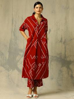 Black & Blah Blah - Red Bandhani Printed A-Line Pure Cotton Co-ord Set