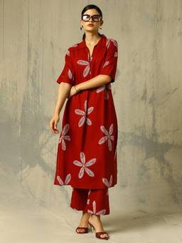 Black & Blah Blah - Red Floral Printed A-Line Pure Cotton Co-ord Set