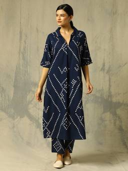 Black & Blah Blah - Navy Blue Bandhani Printed A-Line Pure Cotton Co-ord Set