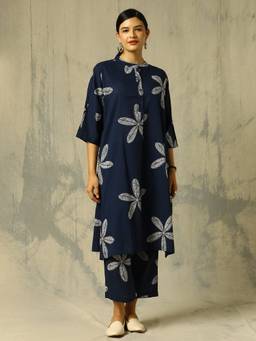 Black & Blah Blah - Navy Blue Floral Printed Straight Pure Cotton Co-ord Set