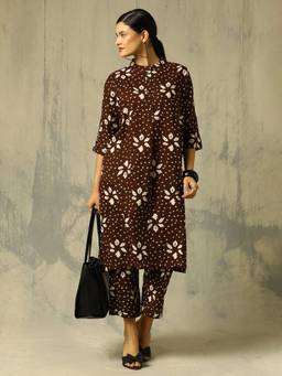Black & Blah Blah - Brown Floral Printed Straight Pure Cotton Co-ord Set