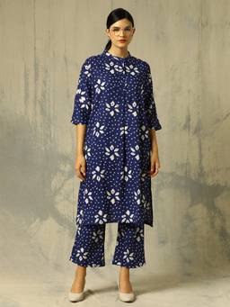 Black & Blah Blah - Navy Blue Floral Printed Straight Pure Cotton Co-ord Set
