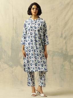 Black & Blah Blah - Off White Floral Printed Straight Pure Cotton Co-ord Set