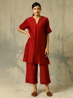 Black & Blah Blah - Maroon Woven Design Solid A-Line Silk Blend Co-ord Set