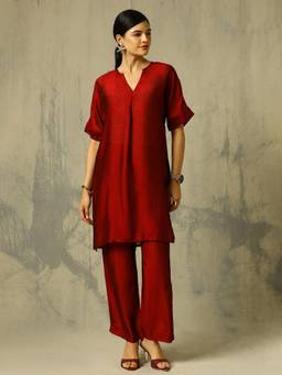 Black & Blah Blah - Maroon Solid A-Line Silk Blend Co-ord Set