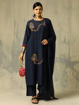 Black & Blah Blah - Navy Blue Embroidered Pure Cotton Kurta and Pant with Dupatta