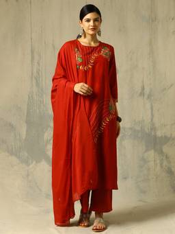 Black & Blah Blah - Floral Embroidered Straight Pure Cotton Kurta and Pant with Dupatta