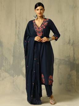 Black & Blah Blah - Navy Blue Embroidered Pure Cotton Kurta and Pant with Dupatta