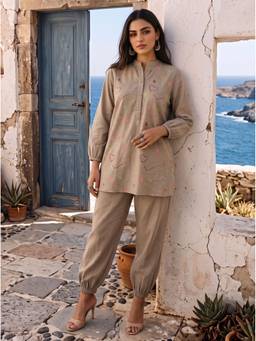Dora Dori - Khaki Embroidered Mandarin Collared Co-ord Set