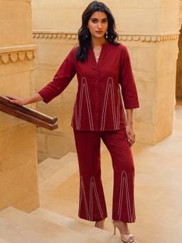 Dora Dori - Maroon Cotton Embroidered Mandarin Collar Co-ord Set