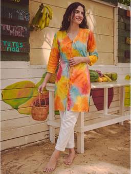 Dora Dori - Multi-Color Linen Tie and Dye V-Neck Co-ord Set