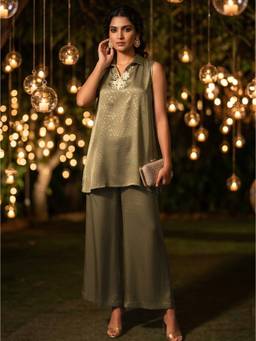 Dora Dori - Olive Collared Mirror Work Co-ord Set