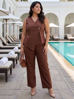 Dora Dori - Brown Plus Size Golden Metal Button Detailing Sleeveless Asymmetrical Co-ord Set