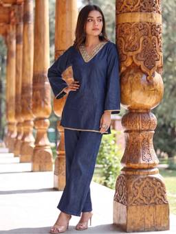 Dora Dori - Blue Denim Mirror Work V-Neck Bell Sleeves Co-ord Set