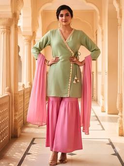 Dora Dori - Green Angrakha Style Kurti with Sharara and Scarf