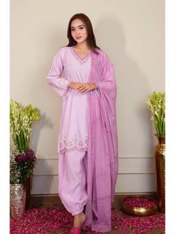 HOUSE OF KARI - Pink Pure Sequin Mul Chanderi Silk Embroidered Kurta with Salwar and Dupatta