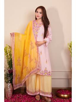 HOUSE OF KARI - Pink Pure Sequin Mul Chanderi Silk Embroidered Kurta with Palazzo and Dupatta