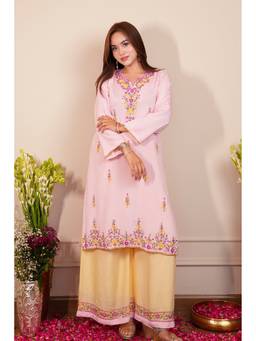 HOUSE OF KARI - Pure Sequin Mul Chanderi Silk Embroidered Pink Kurta with Palazzo