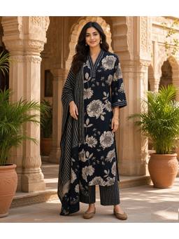 Rajnandini - Women's Navy Blue Cotton Blend Jaipuri Printed Kurta and Pant With Dupatta