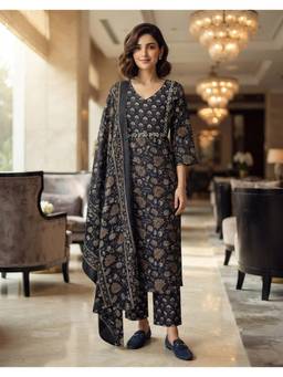 Rajnandini - Women's Navy Blue Cotton Blend Jaipuri Printed Kurta and Pant With Dupatta