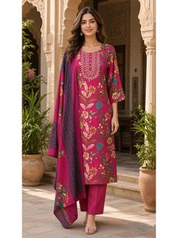 Rajnandini - Women's Magenta Cotton Blend Jaipuri Printed Kurta and Pant With Dupatta