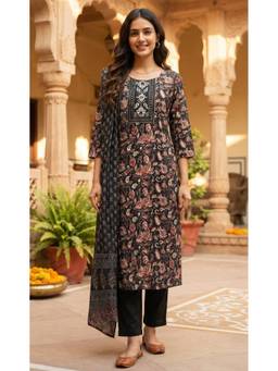 Rajnandini - Women's Black Cotton Blend Jaipuri Printed Kurta and Pant With Dupatta