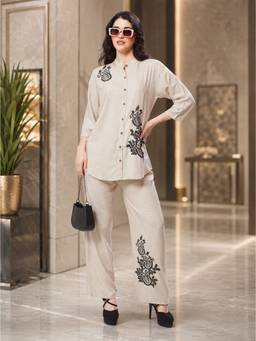 LOTIK - Women's Beige Embroidered Co-ord Set