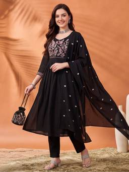 Jaipur Kurti - Women'S Black Embroidered Anarkali Kurta with Pant and Dupatta
