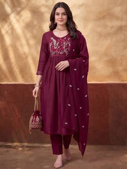 Jaipur Kurti - Women'S Magenta Embroidered Anarkali Kurta with Pant and Dupatta
