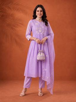 Jaipur Kurti - Women'S Lavender Embroidered Anarkali Kurta with Pant and Dupatta