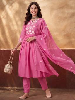 Jaipur Kurti - Women'S Pink Embroidered Anarkali Kurta with Pant and Dupatta