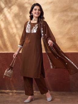Jaipur Kurti - Women'S Brown Embroidered Kurta with Pant and Dupatta