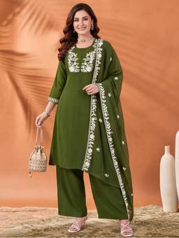 Jaipur Kurti - Women'S Green Embroidered Kurta with Pant and Dupatta