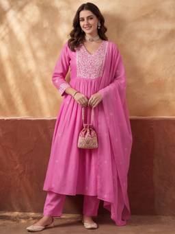 Jaipur Kurti - Women'S Pink Embroidered Kurta with Pant and Dupatta