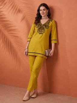 Jaipur Kurti - Women'S Mustard Embroidered Co-Ord Set
