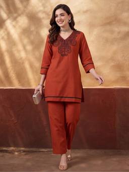 Jaipur Kurti - Women'S Rust Embroidered Co-Ord Set