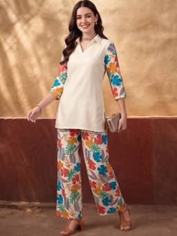 Jaipur Kurti - Women'S Cream Tropical Digital Printed Co-Ord Set