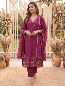 Yufta - Purple Mal Chanderi Kurta with Pant and Dupatta